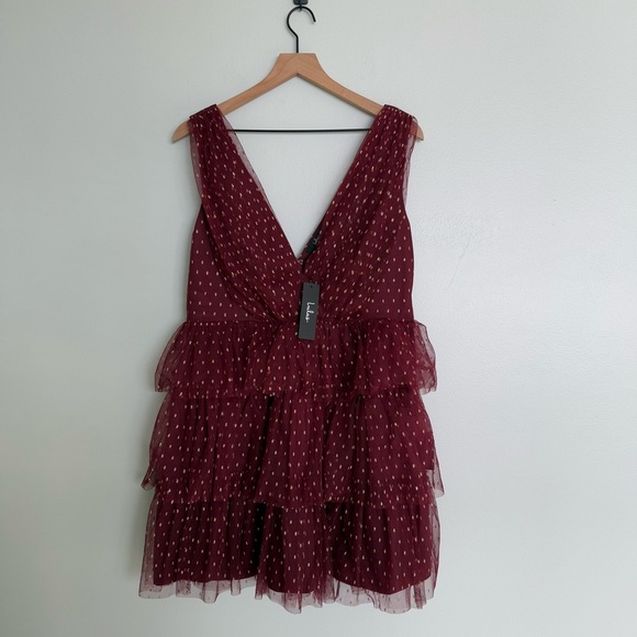 Lulu’s Forever Sparkling Burgundy Dotted Mesh Tiered Mini Dress - Picture 6 of 10